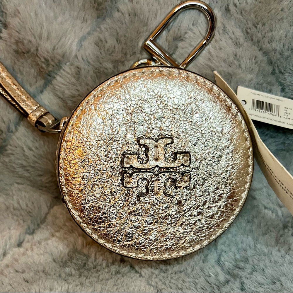 Tory Burch Metallic Gold Round Coin Pouch with Clip BRAND NEW NWT